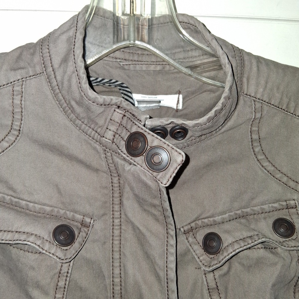 Ann Taylor LOFT Utility Field Jacket Olive Taupe Cotton Military Coat Womens 4P - Picture 13 of 16